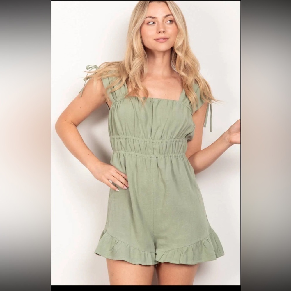 Very J Olive Sleeveless Ruffle Cute Solid Woven Romper